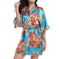 thumbnail image 3 of Homgro Women's Kimono Robe Floral Printed Satin Lightweight Bath Robes Half Sleeve Dressing Gown Belted Bathrobe Bridesmaid Bridal Tie Up Silk Mini Spa Robe Blue Large, 3 of 5