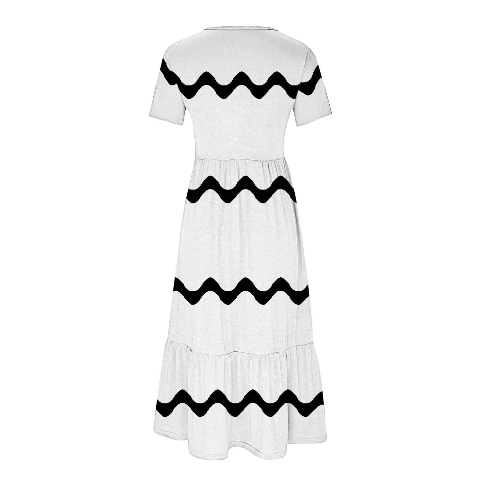 Womens Short Sleeve Mid Long Dress with Pockets Fashion Wave Striped Print Pleated Casual Tiered Maxi T-shirt Dress (X-Large, White)