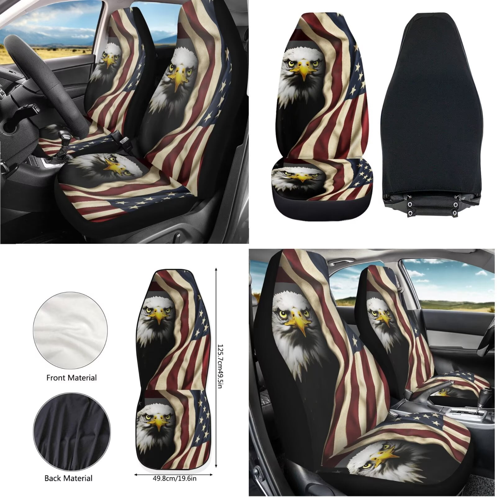 KUIFORTI Bald Eagle Car Seat Covers Front Seats American Flag Seat Belt Cover Pad, Steering Wheel Protector, Coasters, Chapstick Holder, Car Trash Can, Car Pouch Car Vent Pocket