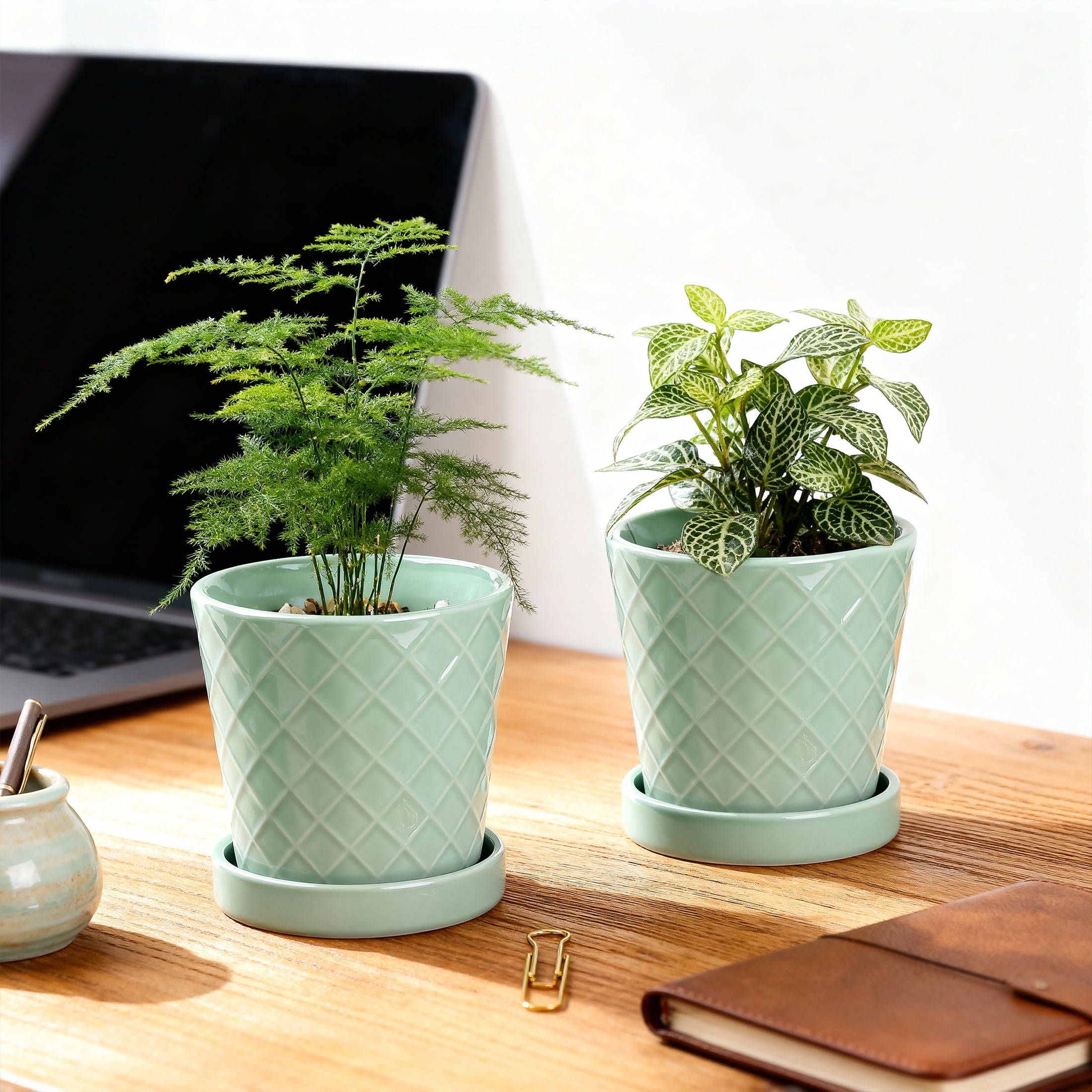 BUYMAX Plant Pots Indoor –6 inch Ceramic Flower Pot with Drainage Hole and Ceramic Tray - Gardening Home Desktop Office Windowsill Decoration, Set of 2(Green)Same pattern
