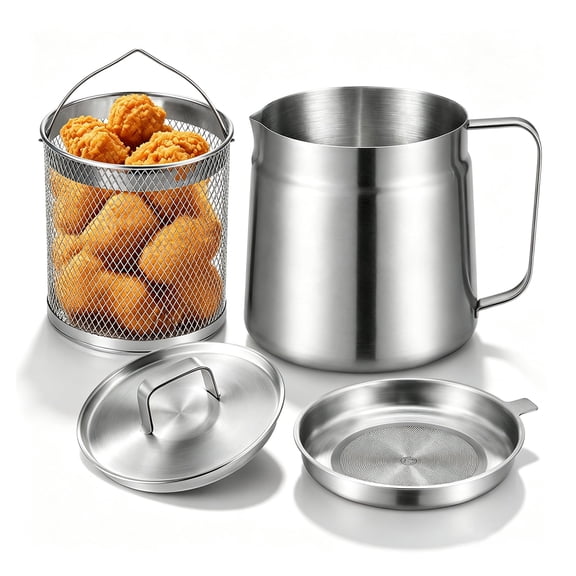 68 oz 304 Stainless Steel Deep Fryer Pot with Frying Basket & Strainer, 2L Oil Storage Pot for Kitchen & Camping