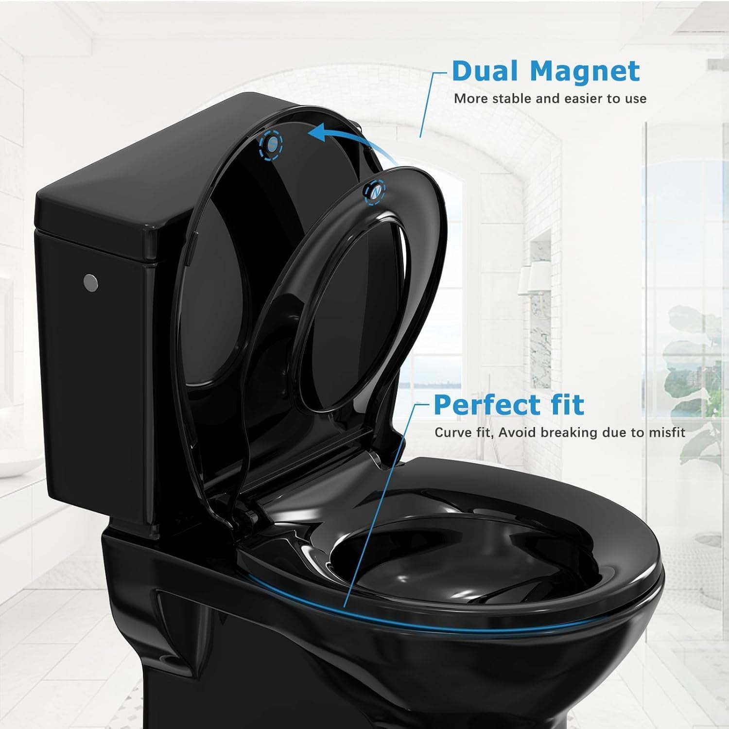 Toilet Seat, Round Toilet Seat with Toddler Seat Built in, Potty Training Toilet Seat Round Fits Both Adult and Child, Quiet-Close Lid and Seat, Black 17''