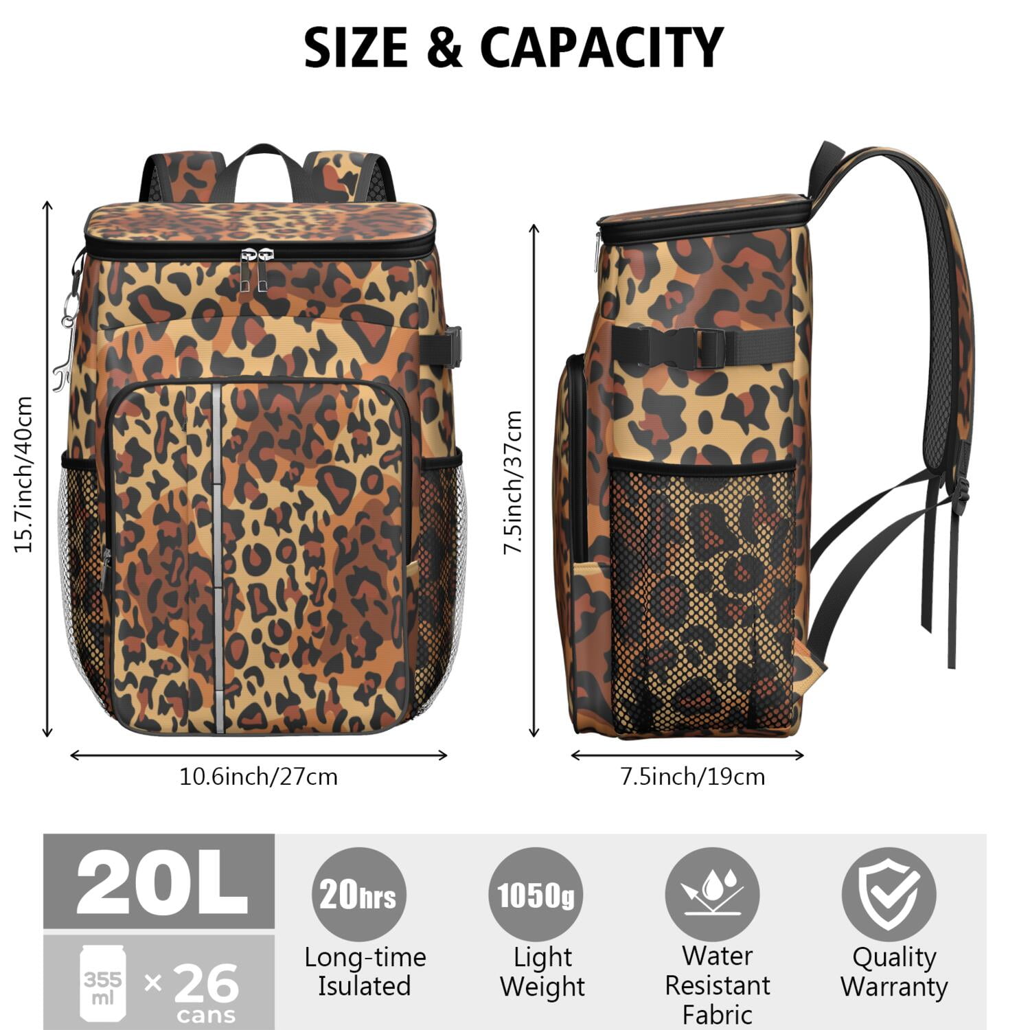 Travel Cooler Bag - Orange and Brown Leopard Pattern Camping Beer Cooler Backpack with Bottle Opener- Waterproof Insulated Picnic Backpacks - Cooler Bag for Beach