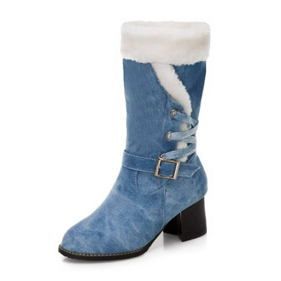 SACFOF Fashion Chunky Heel Mid Calf Boots Buckle Fur Lace Up Chunky Block Mid Heels Snow Boots