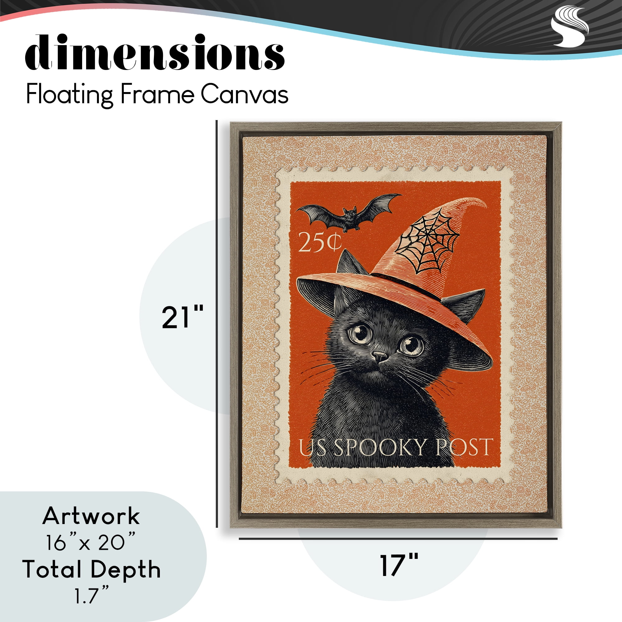 Vintage Black Cat Stamp Brown Framed Floater Canvas Wall Art, design by Arlington Prints