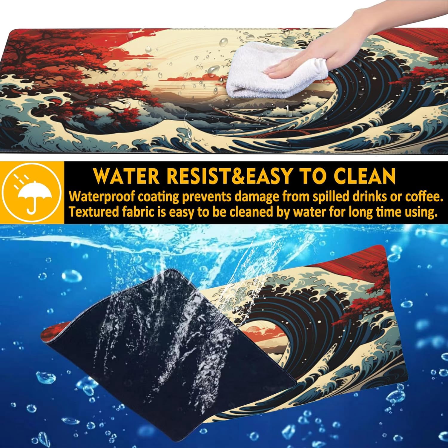 Japanese Sea Wave Gaming Mouse Pad,Sakura Sun Desk Pad,31.5"X15.7" Extended Gaming Mouse Pad Mat with Stitched Edge Non-Slip Base Big Mouse Pad for Office Keyboard Laptop