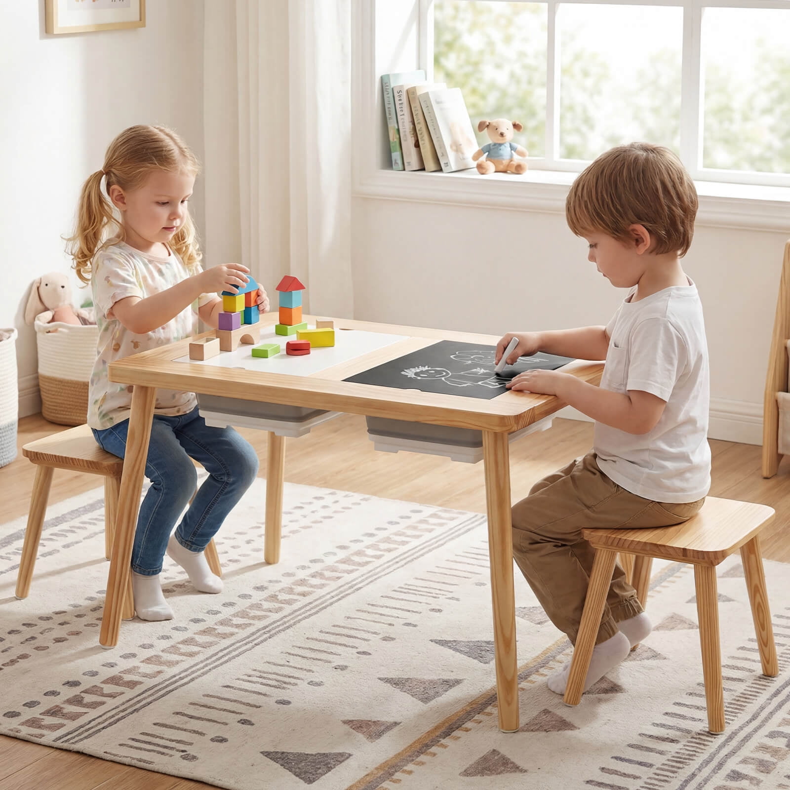 Costway Sensory Table Kid’s Table and Chairs Set with Detachable Double-Sided Tabletops Natural + White + Black