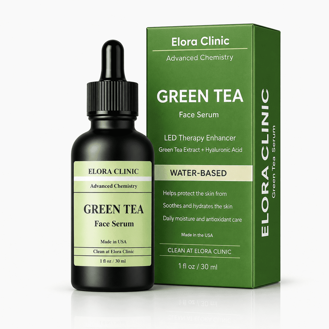 Elora Clinic Red Light Therapy Serum, Green Tea + Hyaluronic Acid Hydrating Face Serum, Water-Based Antioxidant Formula