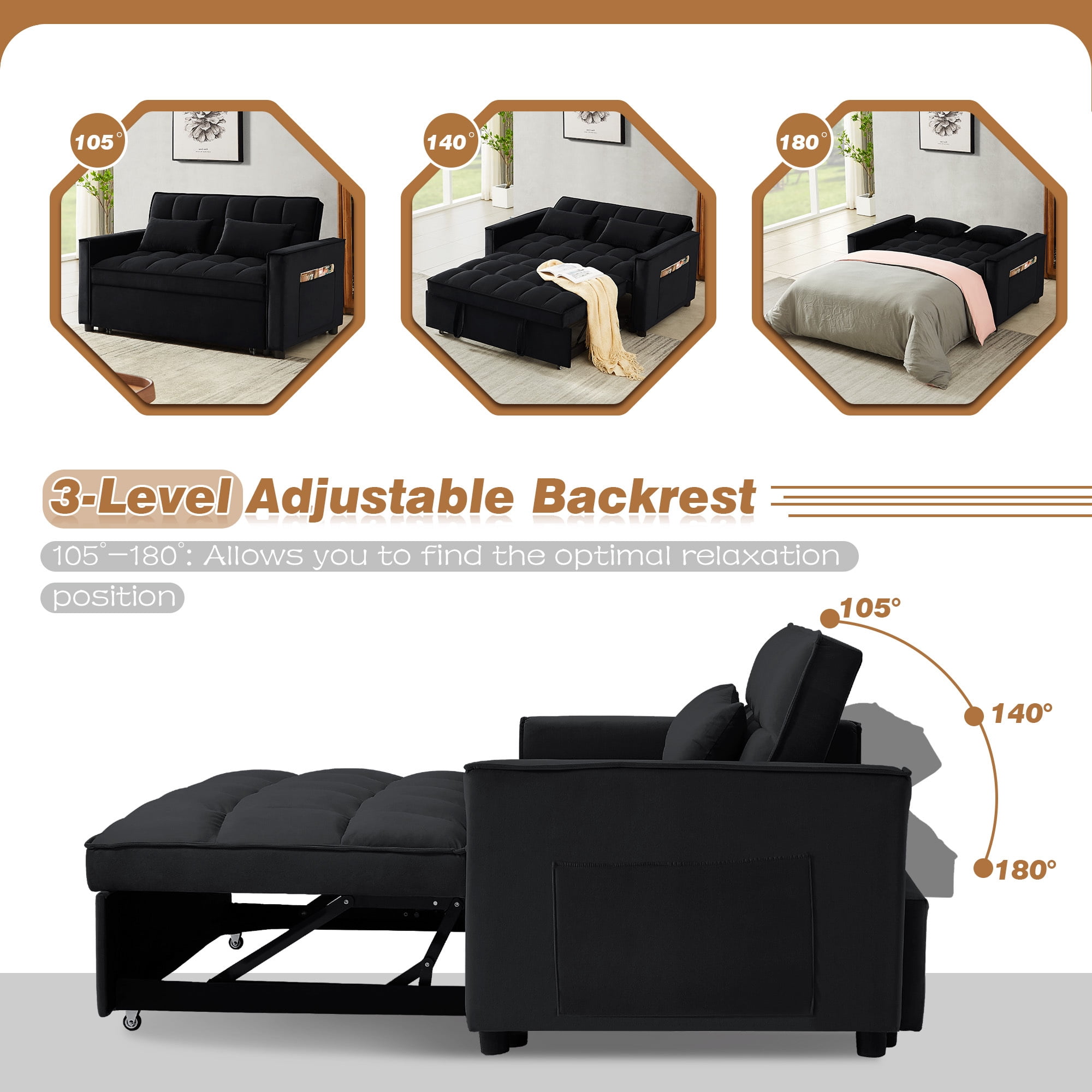 Lunale 4-in-1 Convertible Futon Sofa Bed, Pull Out Couch Beds Loveseat Sleeper, Black Velvet