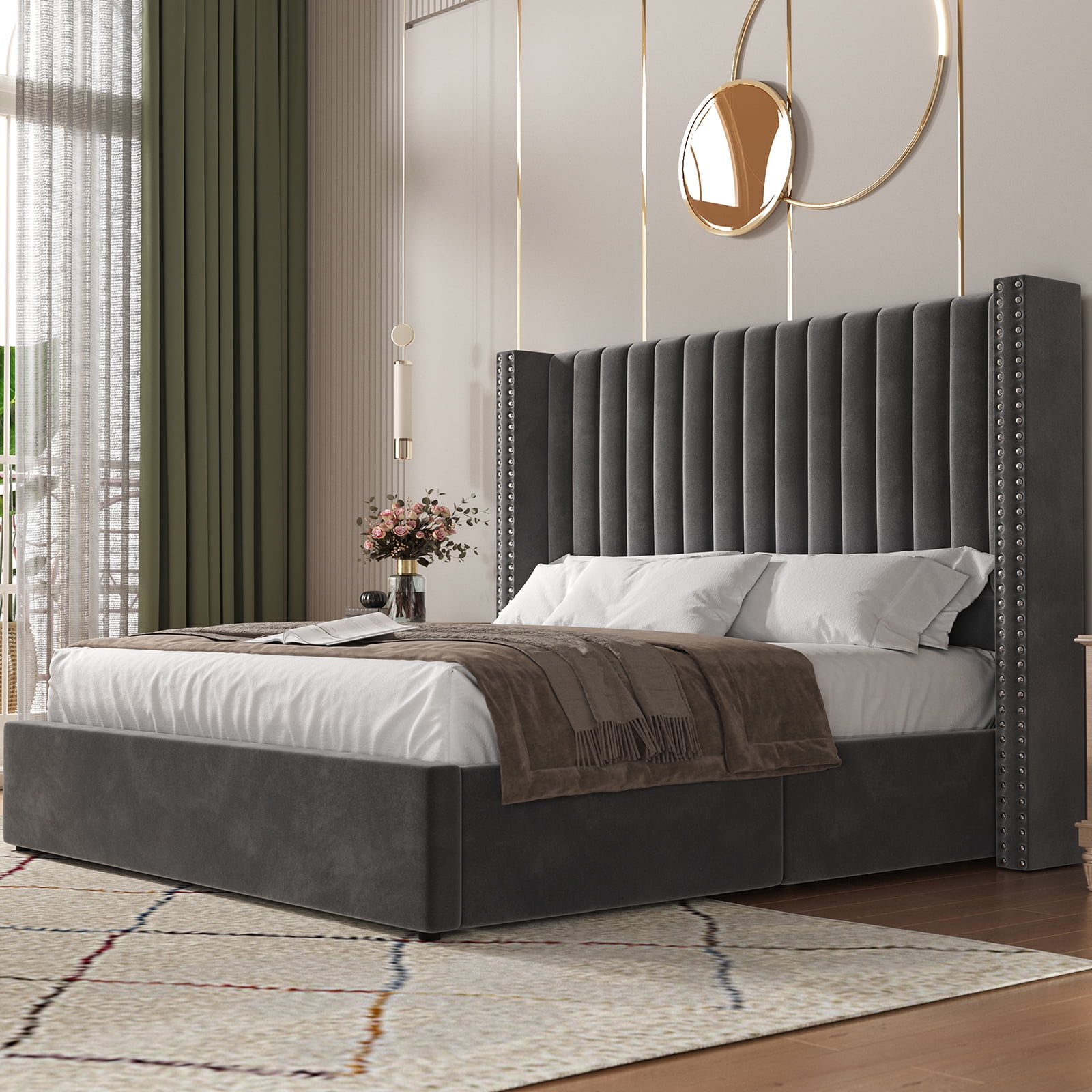 Merluxy King Bed Frame Lift Up Storage Bed, Velvet King Upholstered Bed Frame/Channel Tufted Wingback Headborad/No Box Spring Needed/Gray