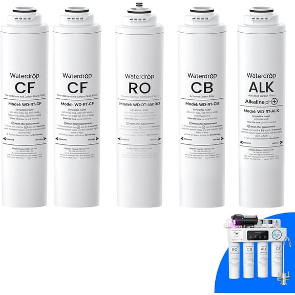Waterdrop 𝐖𝐃-𝐓𝟒-𝐑𝐂𝐀𝐎 Replacement Filter, Pack of 1 RO & 2 CF & 1 CB & 1 Alkaline Filter, Replacement for 𝐖𝐃-𝐓𝟒-𝐀 Tankless Reverse Osmosis System (2*CF   1*CB   1*ALK   1*RO)