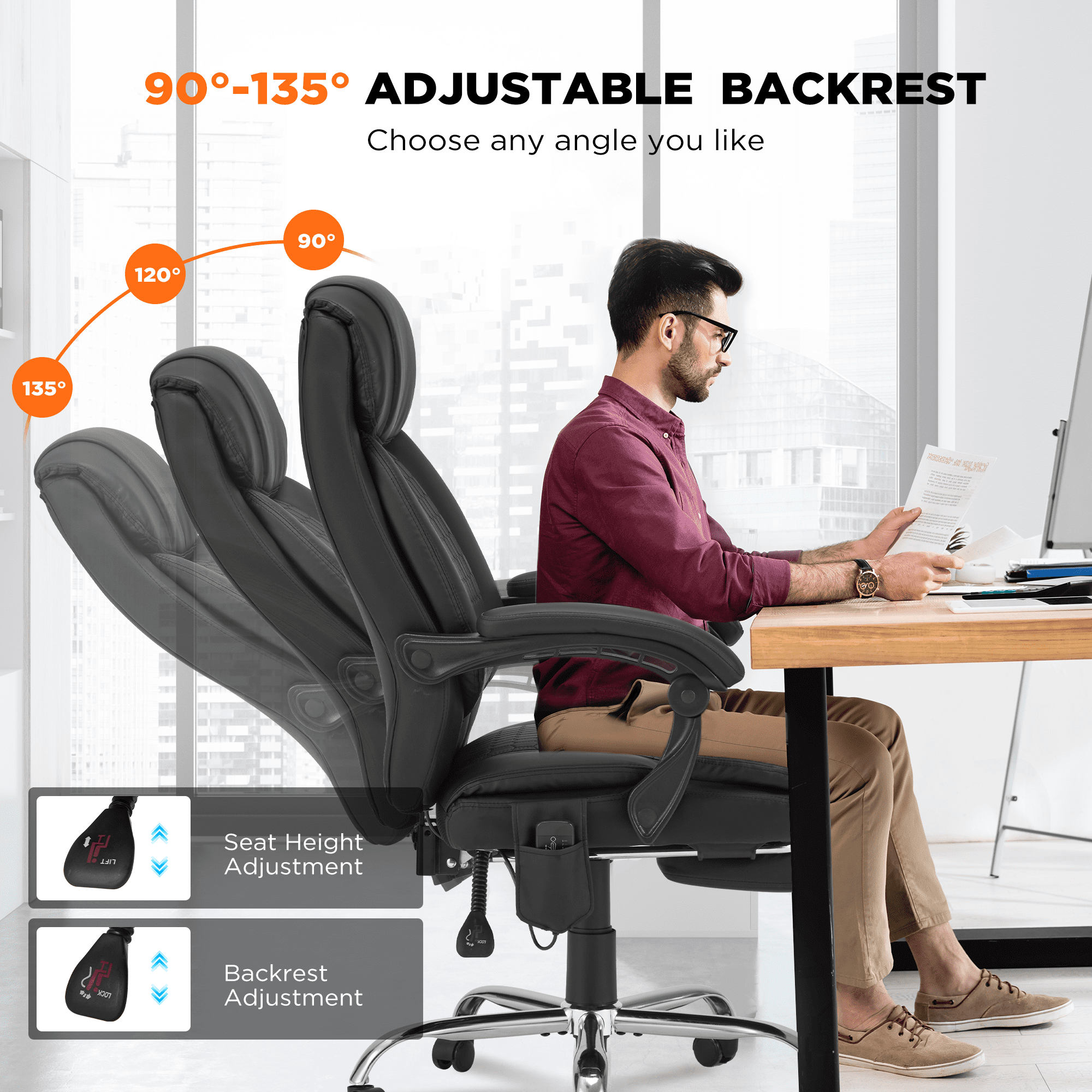 HOMREST Ergonomic Administrative Office Chair, Heated Massage Lounge Chair with Adjustable Backrest, Foot Pedal, for Home & Office Use, Black