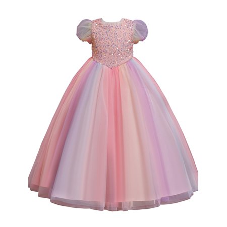 

elfinBE Baby Girl Child O-Neck Puff Sleeve Solid Color Sequin Elegant Princess Dress 2-10T