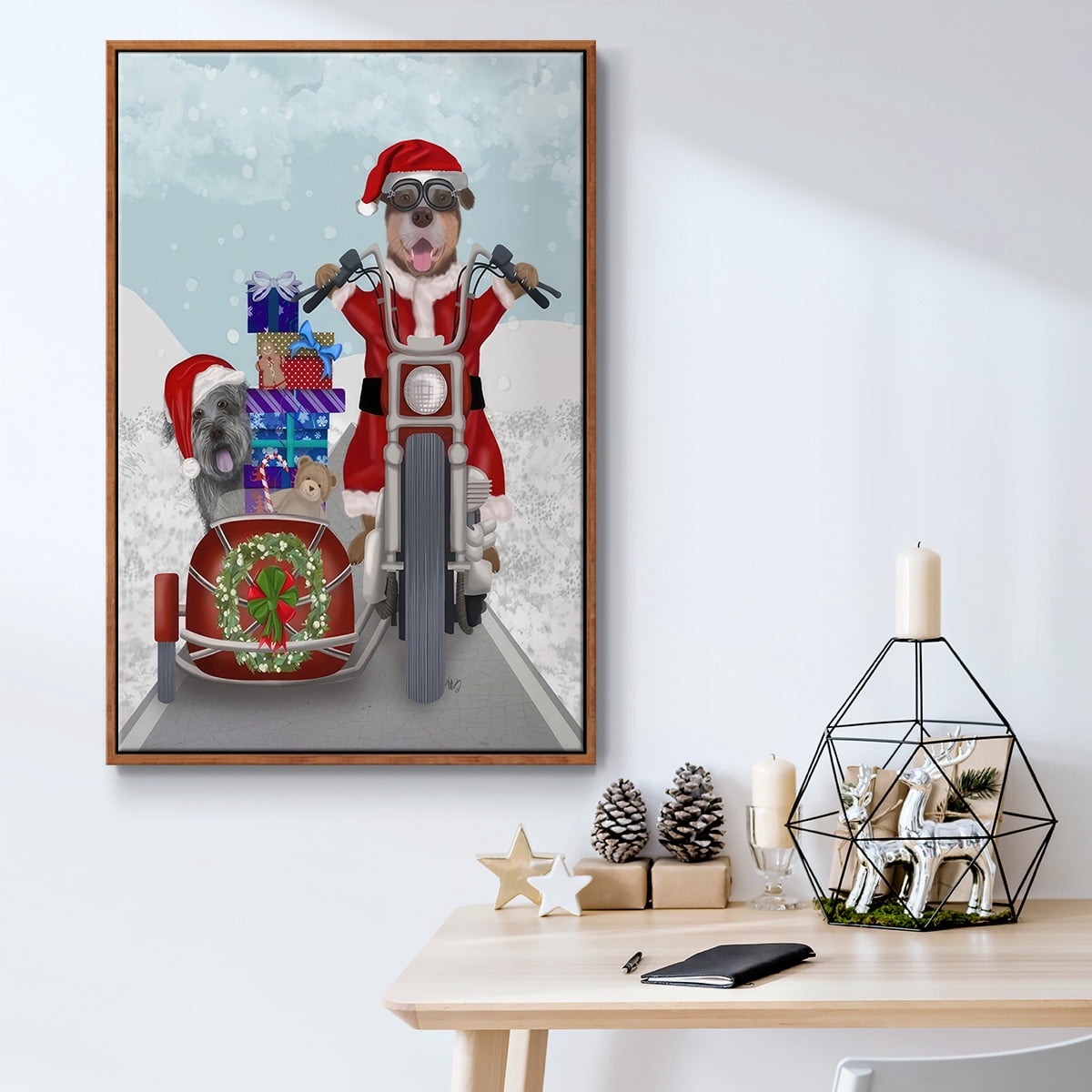 Christmas Mutts Christmas Chopper - Framed Gallery Wrapped Holiday Canvas - 25 x 37 - Rosewood Frame