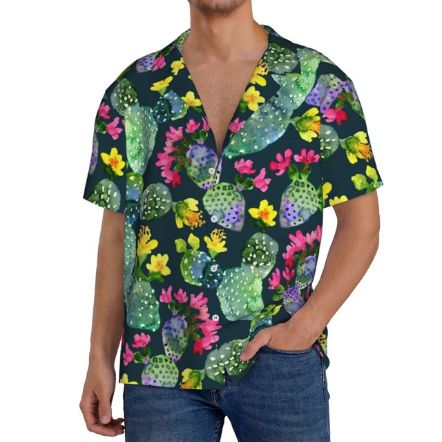 Fotbe Watercolor Cactuses Camisa Estampada de Manga Corta para Hombre, Casual de Verano, Estilo Playero, Sin Arrugas-4X-Large
