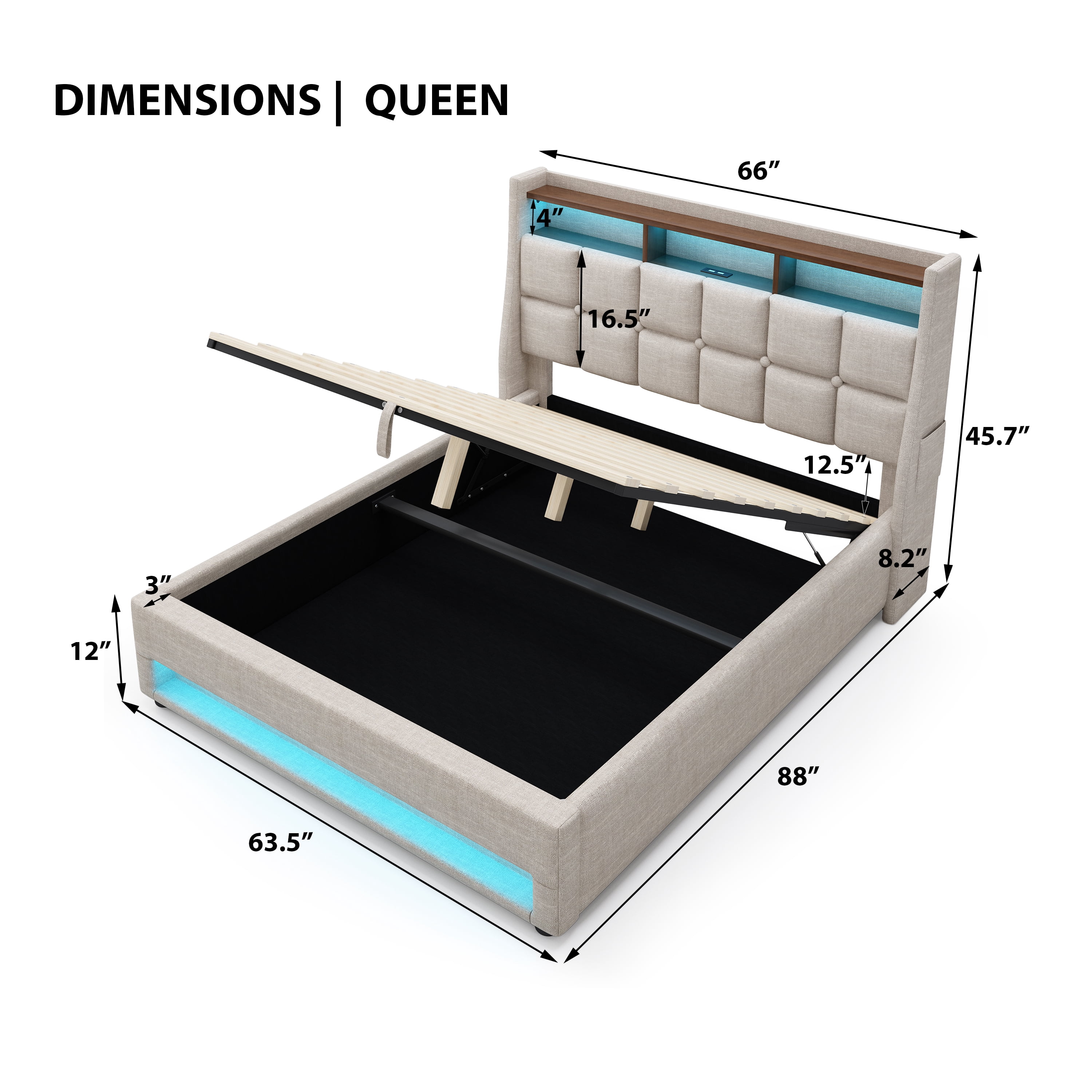 Queen size Platform bed with Hydraulic Storage, LED and Charging Station, No Box Spring Needed
