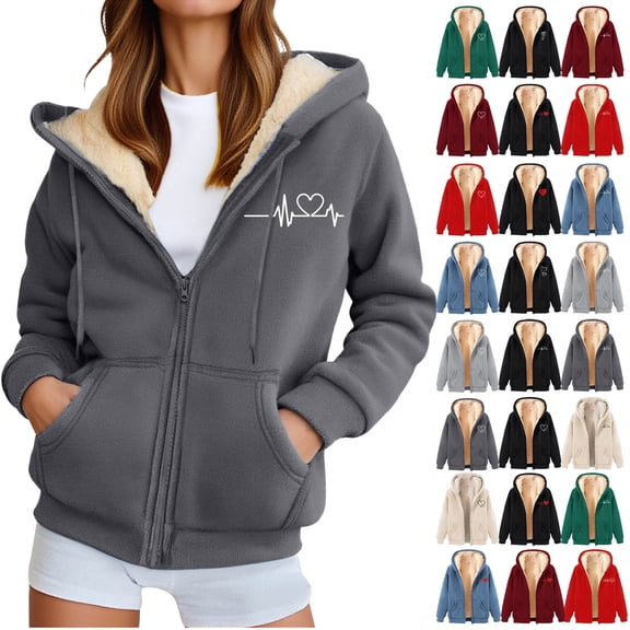 Womens Fleece Warm Jackets with Pockets Plus Size Solid Color Long Sleeve Printed Fleece Hooded Sweatshirt Jacket Casual Outerwear #01-Gray XXL