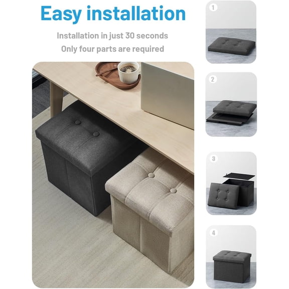 Storage Ottoman Folding Foot Rest Stool, 17 inches Linen Footstool Bench, Short Ottoman Bench, Storage Foot Rest Store, Books, Dark Grey