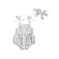thumbnail image 2 of Aojekbee Baby Girls Rompers Floral Print Tie-Up Shoulder Strap Sleeveless Bodysuits Summer Clothes with Headband, 2 of 10