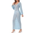 thumbnail image 4 of INSPIRAR CHIC Vestido de baño de manga larga con escote en V y huecos, cubre baño de playa de ganchillo maxi M Azul, 4 of 6