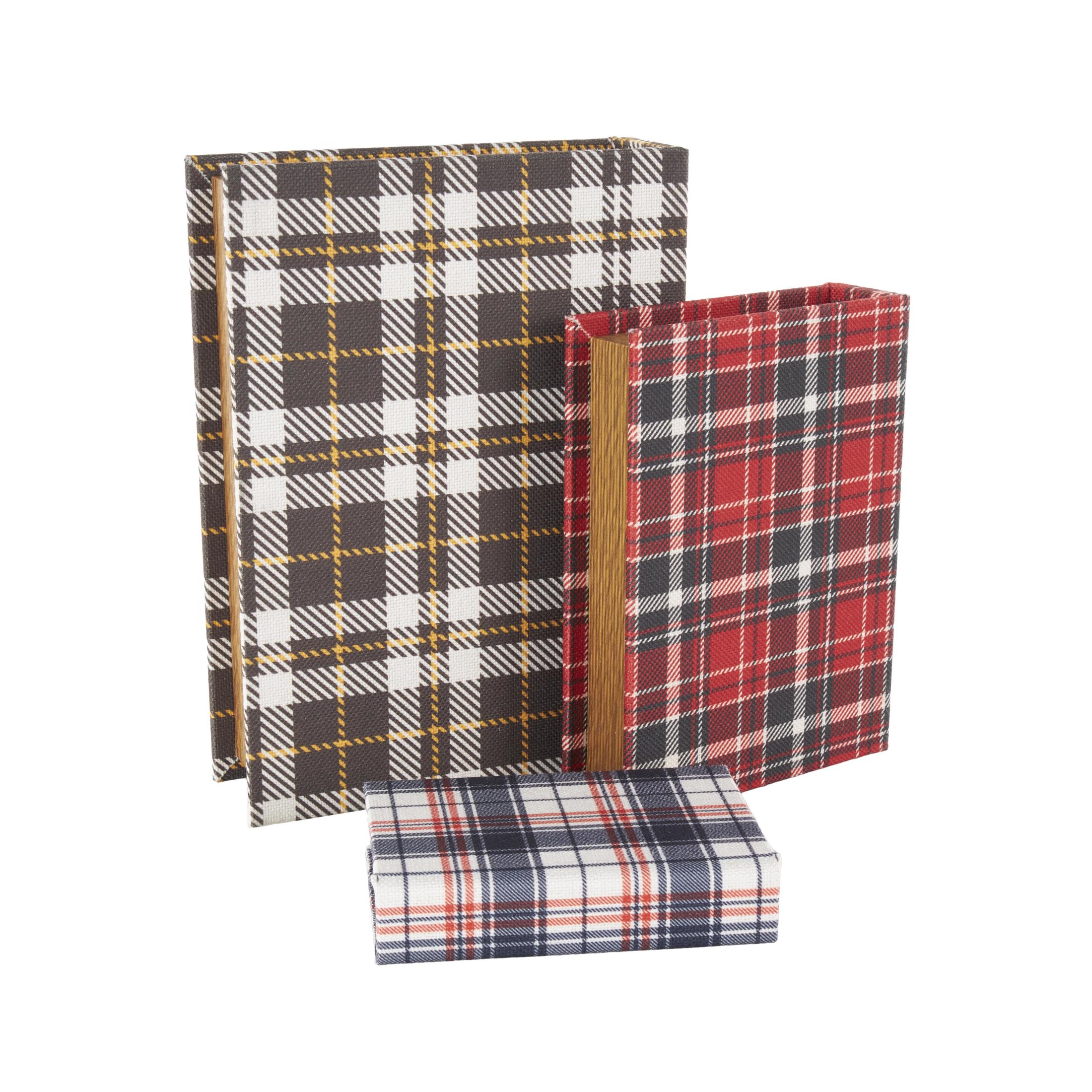 DecMode Geometric Plaid Faux Book Storage Multi Colored Canvas Decorative Box with Red and Blue Accents, 3 Count