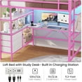 thumbnail image 4 of Mabor Full Metal Loft Bed Frame with L-Shaped Desk&LED Lights&Charging Station, Pink Full Size Loft Bed with 3 Storage Shelves&Drawers, Safety Guard & Stairs, 4 of 9