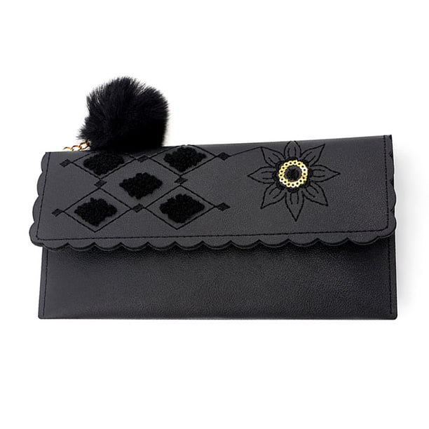 Bolso largo de mujer de estilo étnico Bolso de mano de color liso con bolas de pelo Bolso largo de mujer