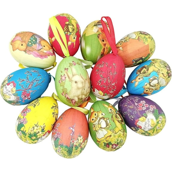 Gardeningwill Vintage Easter Colorful Paper Mache Foam Egg Hanging Ornaments, Set of 12