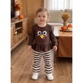thumbnail image 4 of RUINIXCW Toddler Baby Girl Thanksgiving Halloween Outfit Infant Baby Girls Fall Clothes Turkey Ghost Embroidery Long Sleeve Ruffled Shirt Tops and Striped Bell Bottoms 2 Pcs Set, 4 of 9