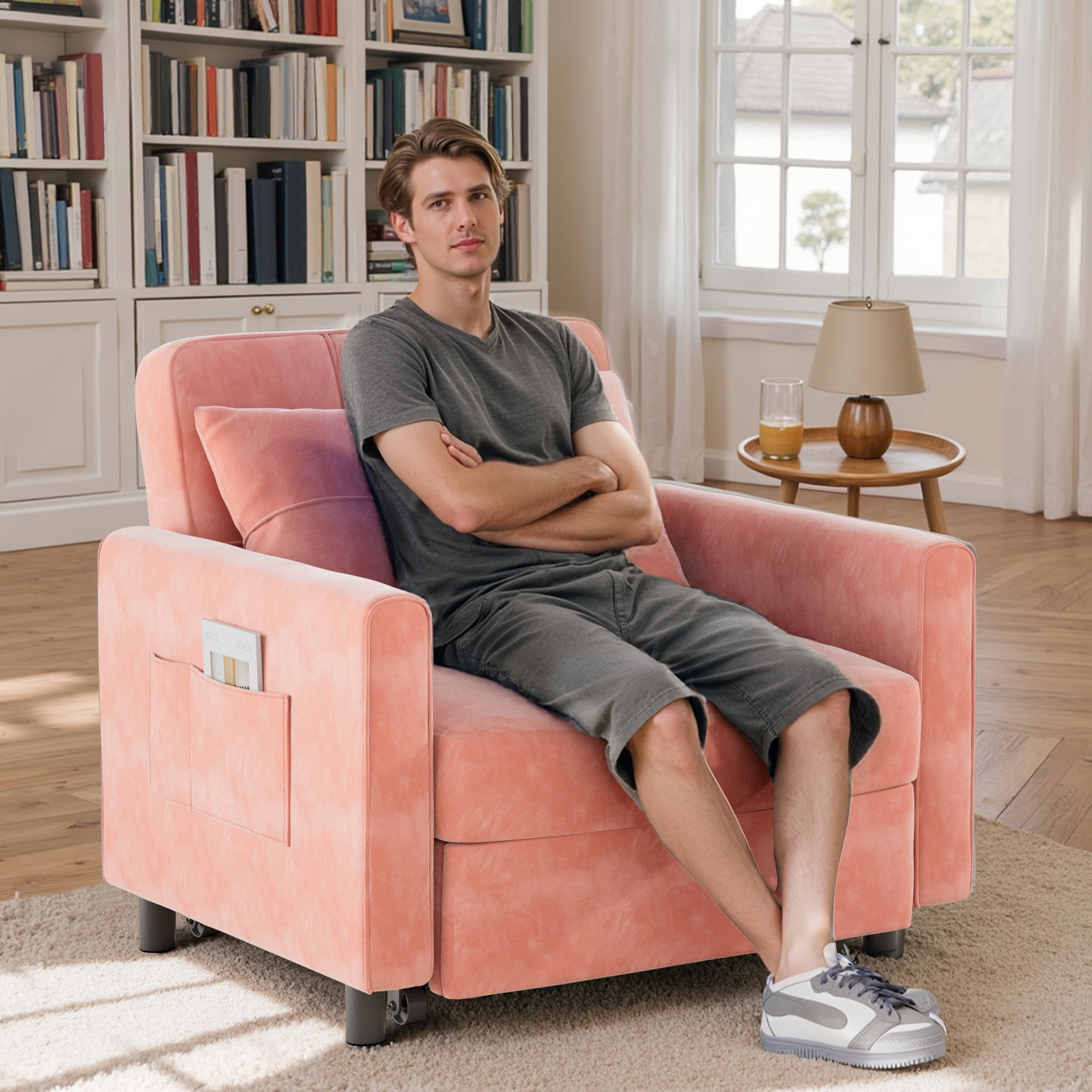 Asofer 3-in-1 Convertible Sofa Chair Bed with Adjustable Backrest, for Living Room, Office,Small Space,Velvet Pink