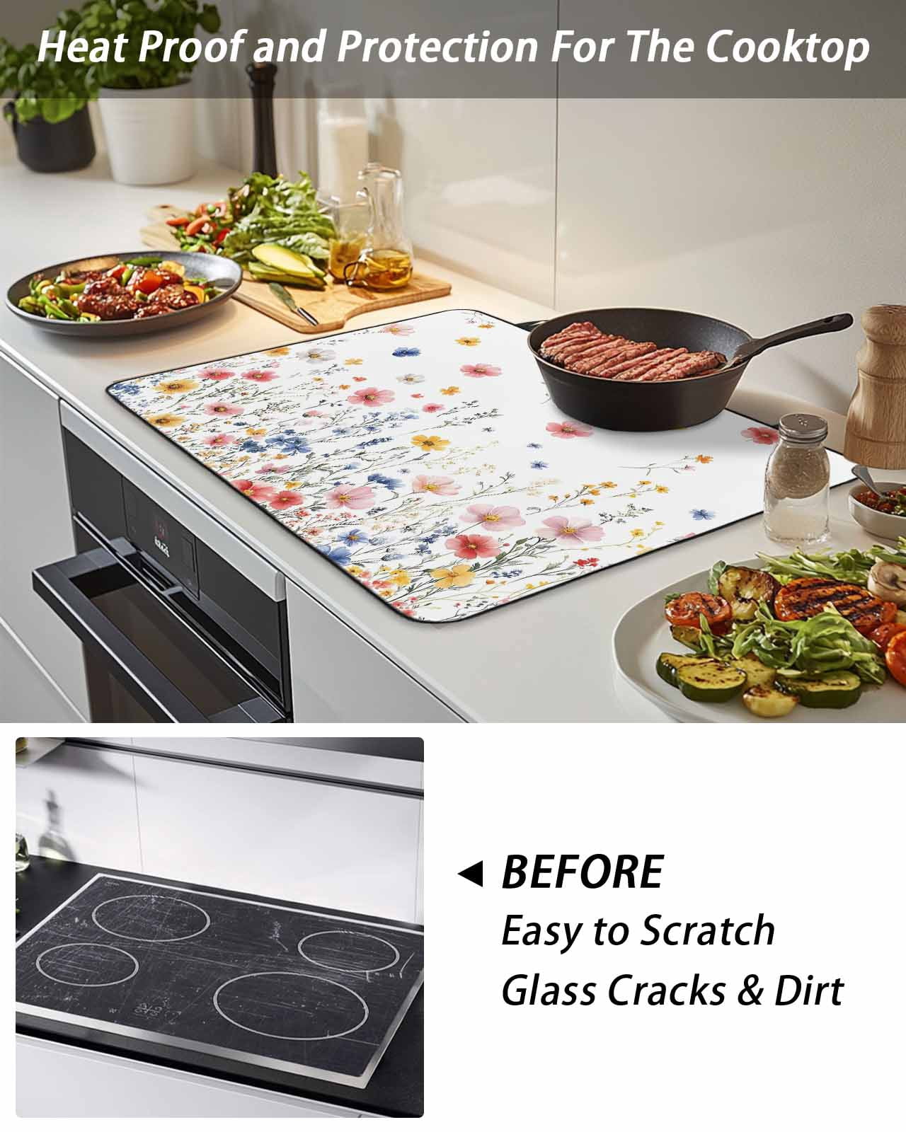 Stove Top Covers for Electric Stove, Blue Flowers Glass Stovetop Cover Protector, Pink Watercolor Botanical Garden Floral Induction Cooktop Protector Oven Mat for Kitchen Countertop 24"x21"
