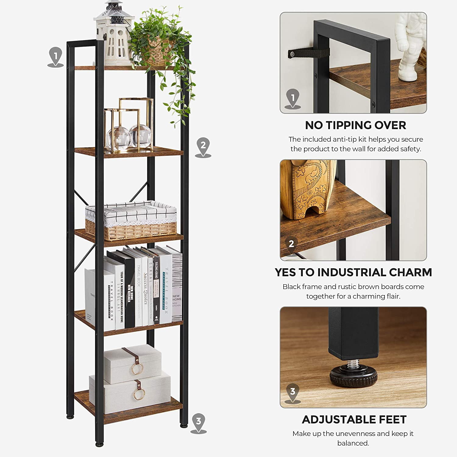Private Jungle 5-Tier Bookshelf, Industrial Bookcase and Storage Rack, Wood Look Accent Furniture with Metal Frame,Rustic Brown Private Jungle 5-Tier Bookshelf, Industrial Bookcase and Storage Rack, Wood Look Accent Furniture with Metal Frame,Rustic Brown