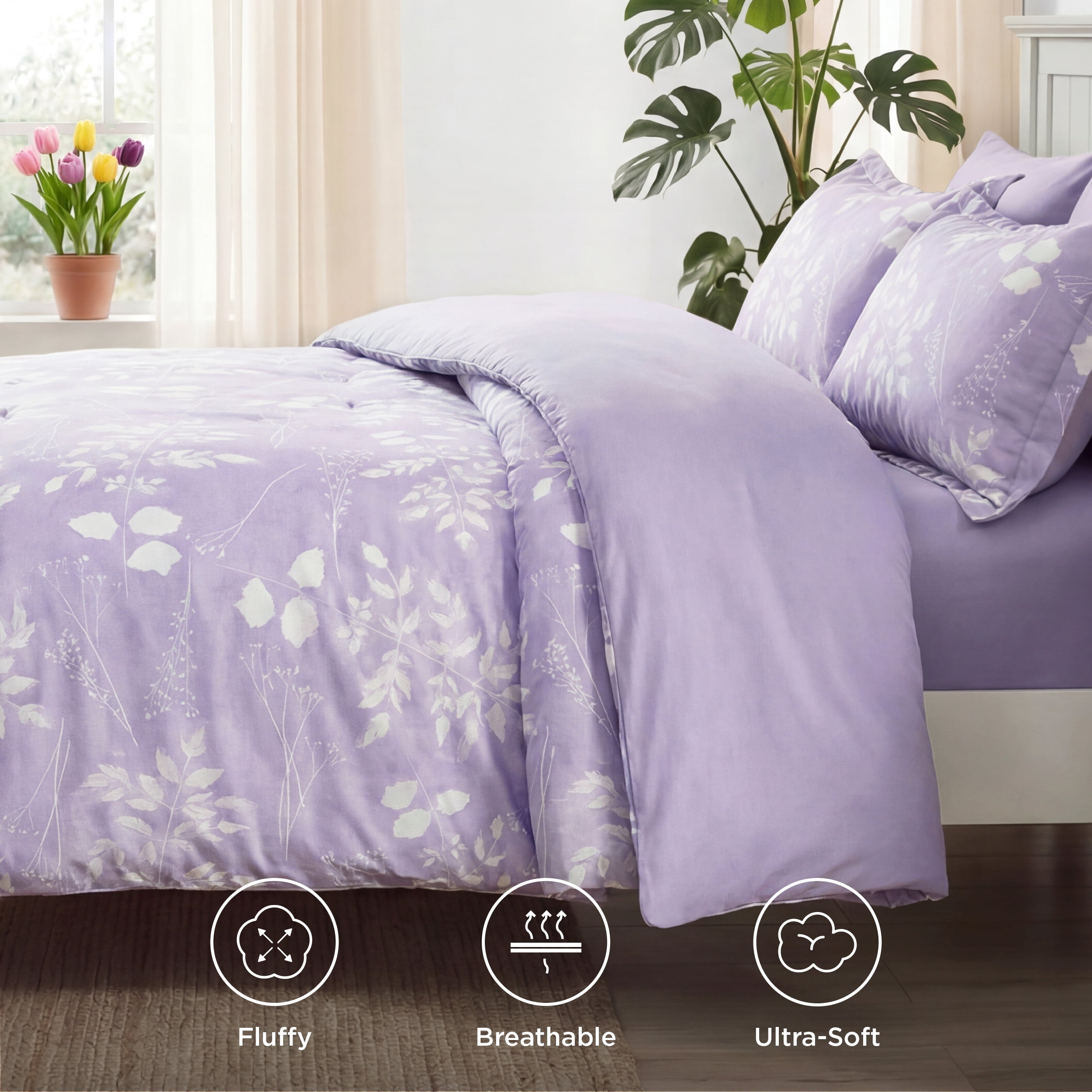 U by Bedsure Full Comforter Set Lavender, Bed in a Bag Full Size Bedding Purple, 7-Pieces Botanical Flowers Spring Comforter, Sheets, Pillowcases & Shams