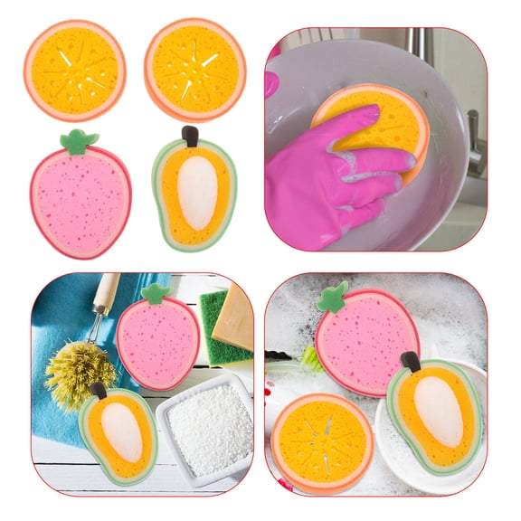 Amosfun Thick Fruit-Design Sponges Assorted Color Multipurpose Kitchen 4Pcs