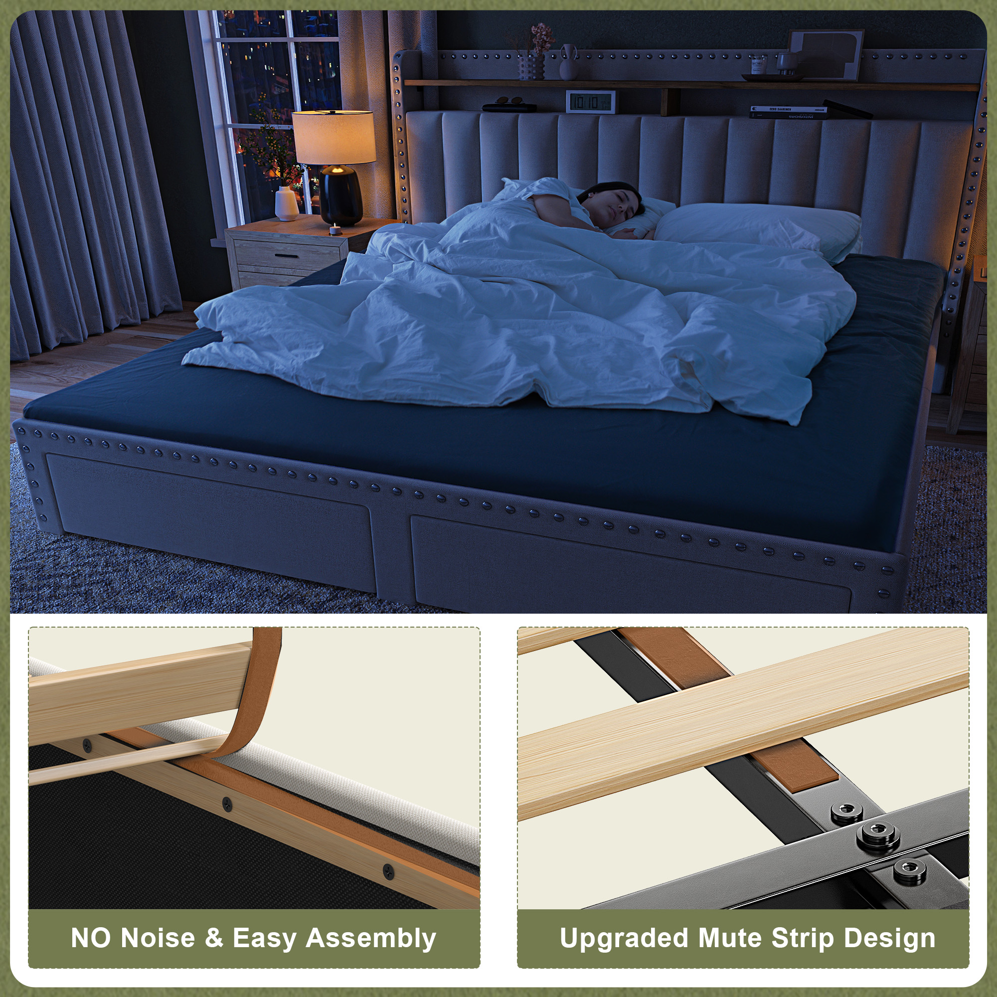 Romorgniz King Size Bed Frame with 2 Storage Drawers and 2-Tier Storage Shelf Upholstered Bed Frame with Headboard Platform Bed Frame Noise-Free No Box Spring Needed,Beige