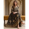 thumbnail image 6 of Women's Boho Ethnic Print Maxi Dress Crew Neck Flared Sleeve Golden Belted Vacation Beach Swing Dress, 6 of 8