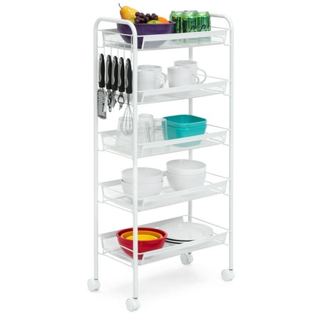 Best Choice Products 5-Tier Metal Multifunctional Utility Storage Organizer Trolley for Kitchen, Bathroom, Microwave with Removable Perforated Shelves, Hooks, Locking Casters, (Best Place For Microwave In Kitchen)