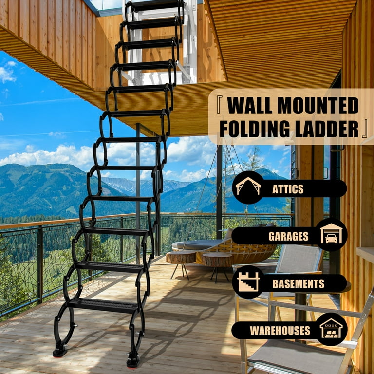 Mad Hornets Wall Mounted Folding Ladder Black Loft Attic Stairs Pull Down 12 Steps, Size: 27.6 x 23.6