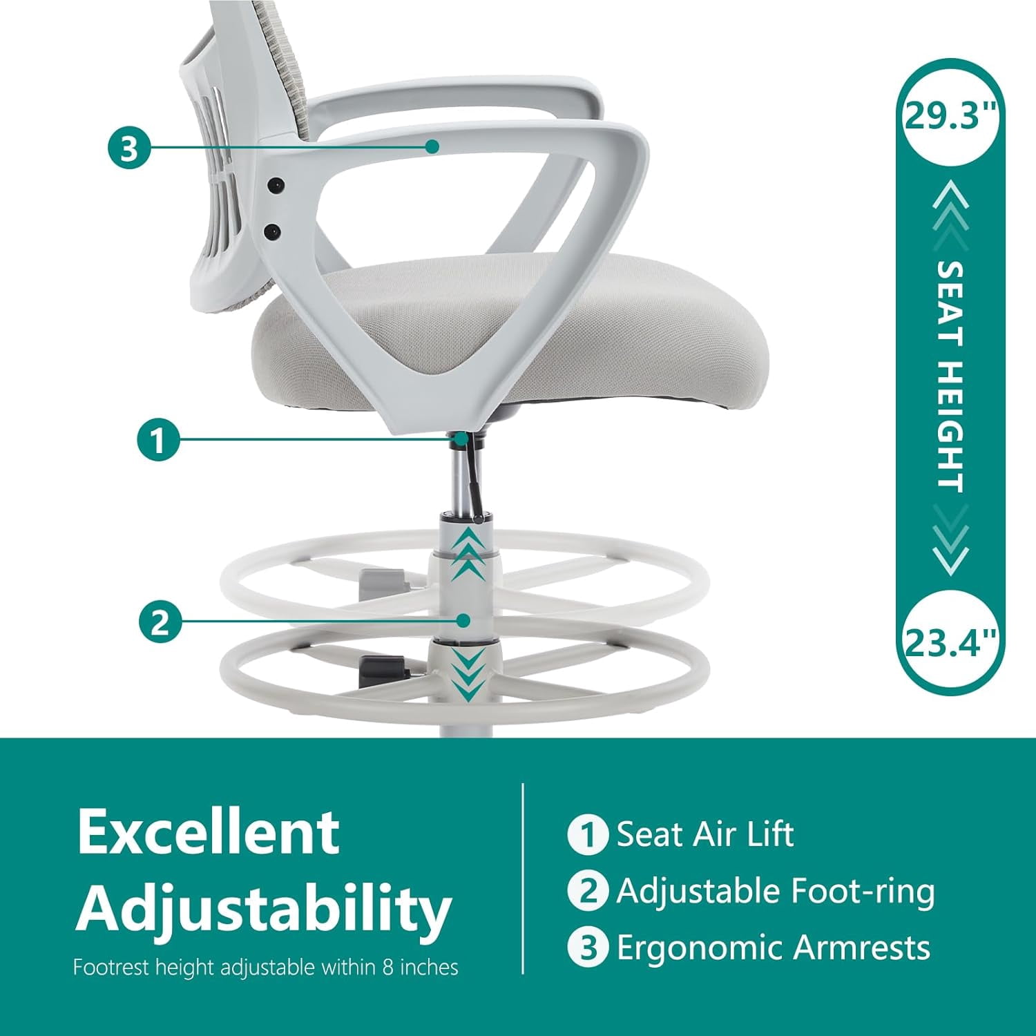 Howcool Drafting Chair Tall Office Chair with Adjustable Foot Ring, Height Adjustable Swivel Rolling Counter Height Chair for Standing Desk Home Office
