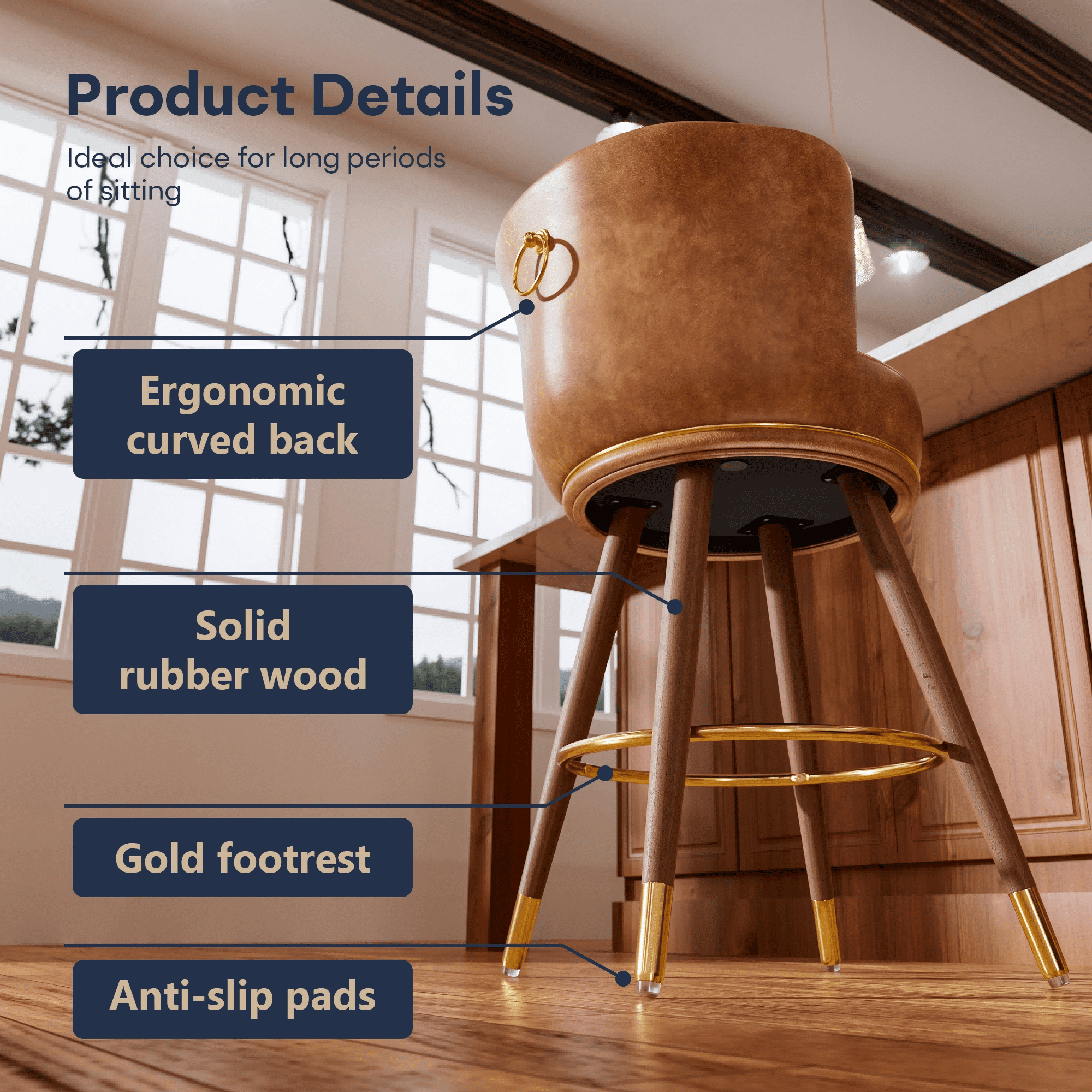 Genpo Counter Height Bar Stools, Round Seat Swivel Bar Stool Set of 4, 26 inch Low Back Leather Bar Chair with wood Leg for Kitchen Island 300lbs, Brown
