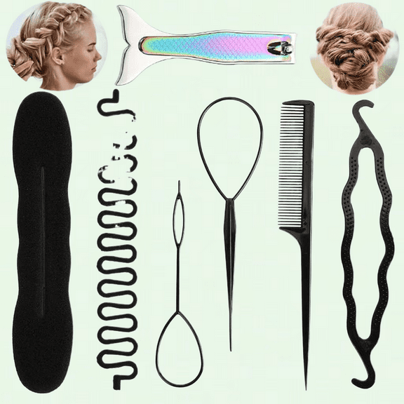 7-Piece Lazy Hair Styling Set: Hair Twister, Topsy Tail, Hair Braiding Tools, Hair Loop, Pull Through Tool, Lazy Curler Accessories