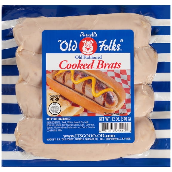 Purnell's Old Folks Brand White Cooked Bratwursts, Savory Premium Sausages, 12oz