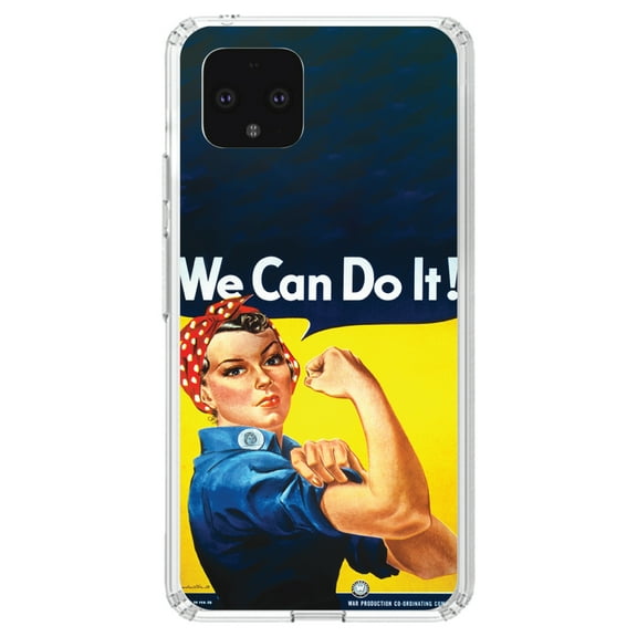DistinctInk Clear Shockproof Hybrid Case for Google Pixel 4 (5.7" Screen) - TPU Bumper, Acrylic Back, Tempered Glass Screen Protector - Rosie the Riveter