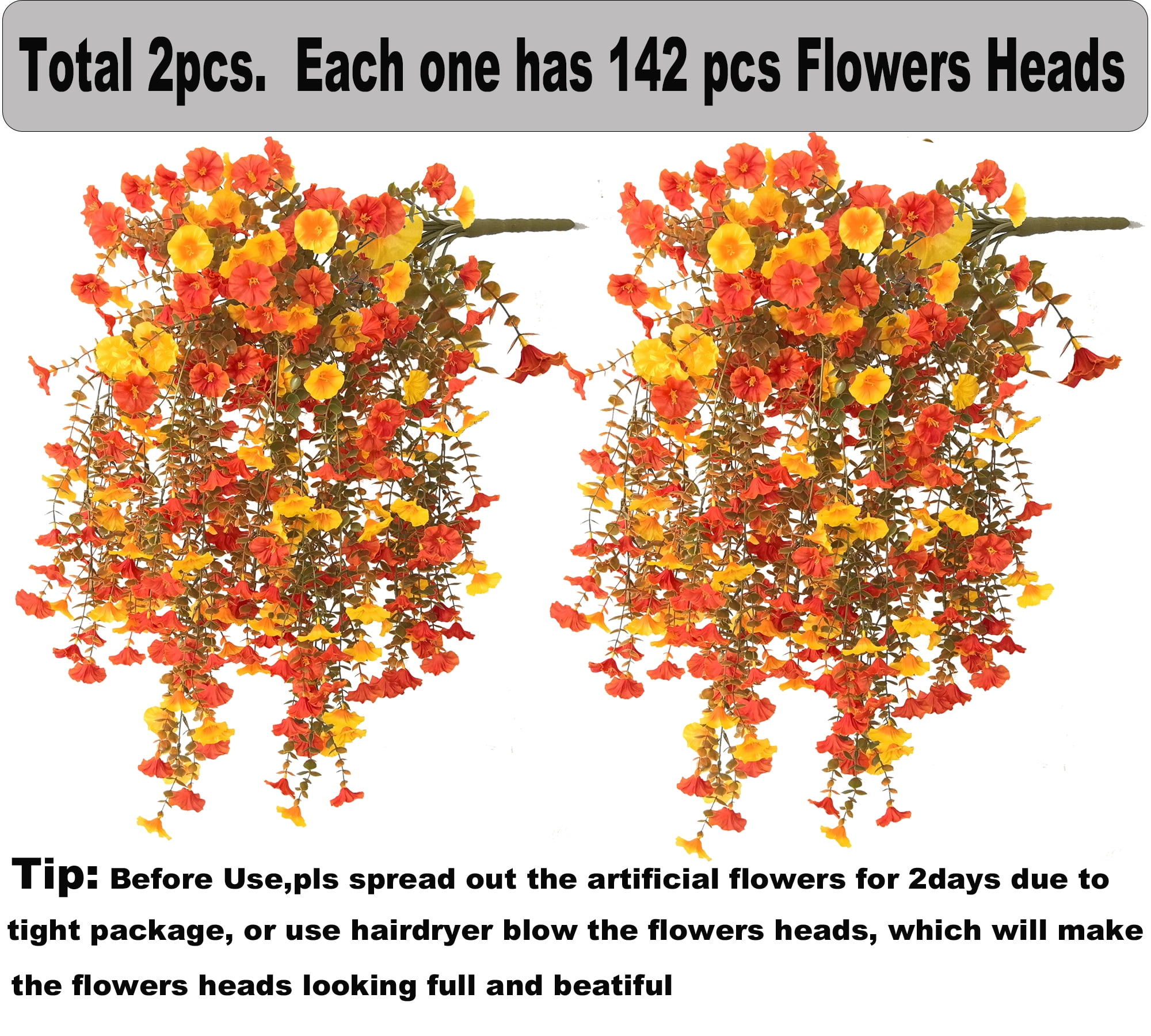 Artificial Fake Mums Flowers Plants for Outdoors, 2 PCS Artificial Hanging Flowers Silk Morning Glory UV Resistant Look Real for Outside Porch Planter Home Decor