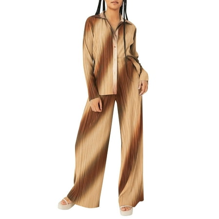 

Aompmsdx Women S Fashion Autumn Winter Gradient Pleated Printed Shirt Trousers Two Piece Sety2K Clothes