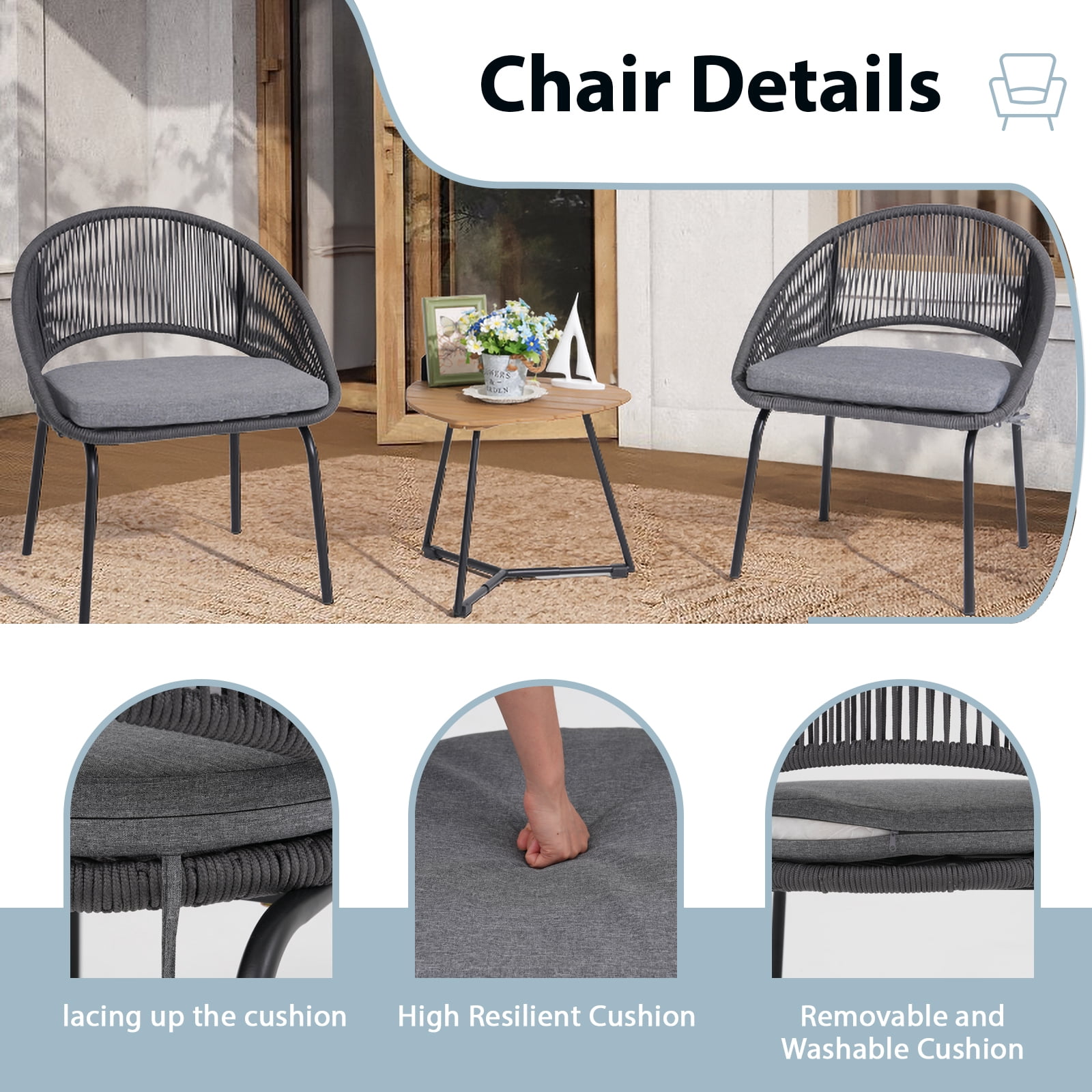 3 Piece Patio Set, Outdoor Wicker Bistro Set 2 Rattan Chair Conversation Sets with Coffee Table and Cushions, Brown