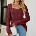 thumbnail image 2 of XFLWAM Women's Solid Color Tunic Sweaters Lightweight Fall Casual Long Sleeve Square Neck Pullover Tops Wine Red XXL, 2 of 5