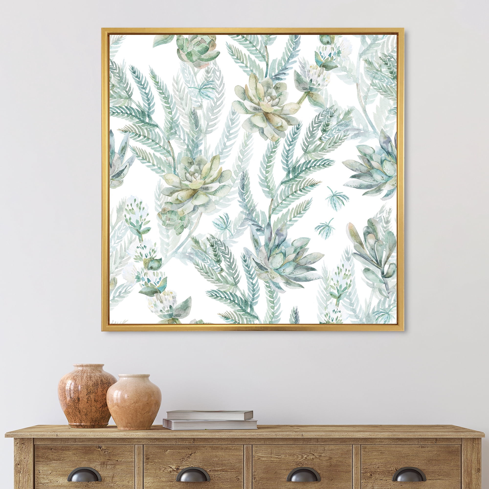 Designart 'Floral Seamless Pattern Succulents and Ferns Thorns' Farmhouse Framed Canvas Wall Art Print