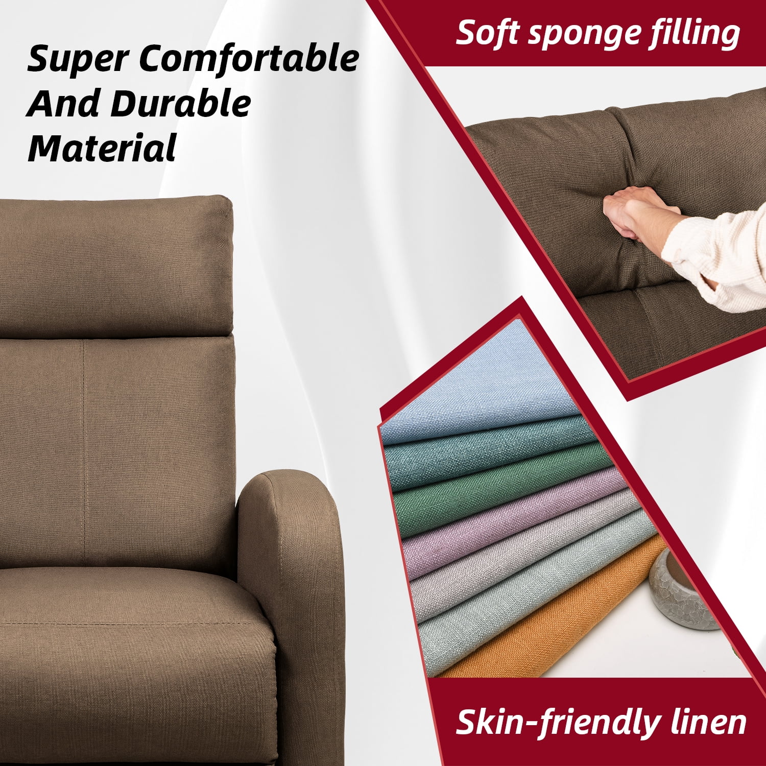Vineego Home Theater Recliner with Padded Seat and Backrest, Brown Fabric