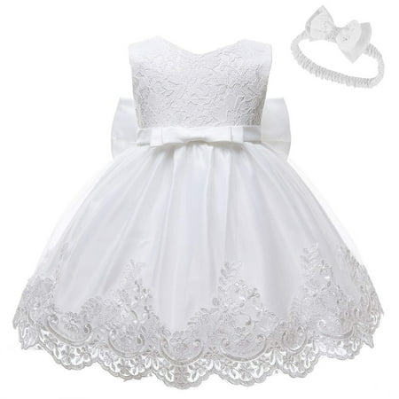 

HTGFGMGW Flower Girl Dresses Baby Girls Lace Bowknot Princess Wedding Formal Tutu Dress + Headband Set Clothes Dresses for Girls White